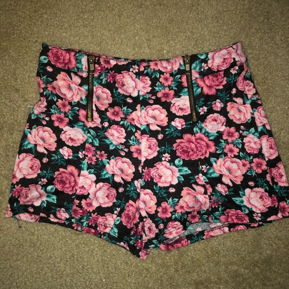 Charlotte Russe Pants - Black and pink floral high waisted shorts